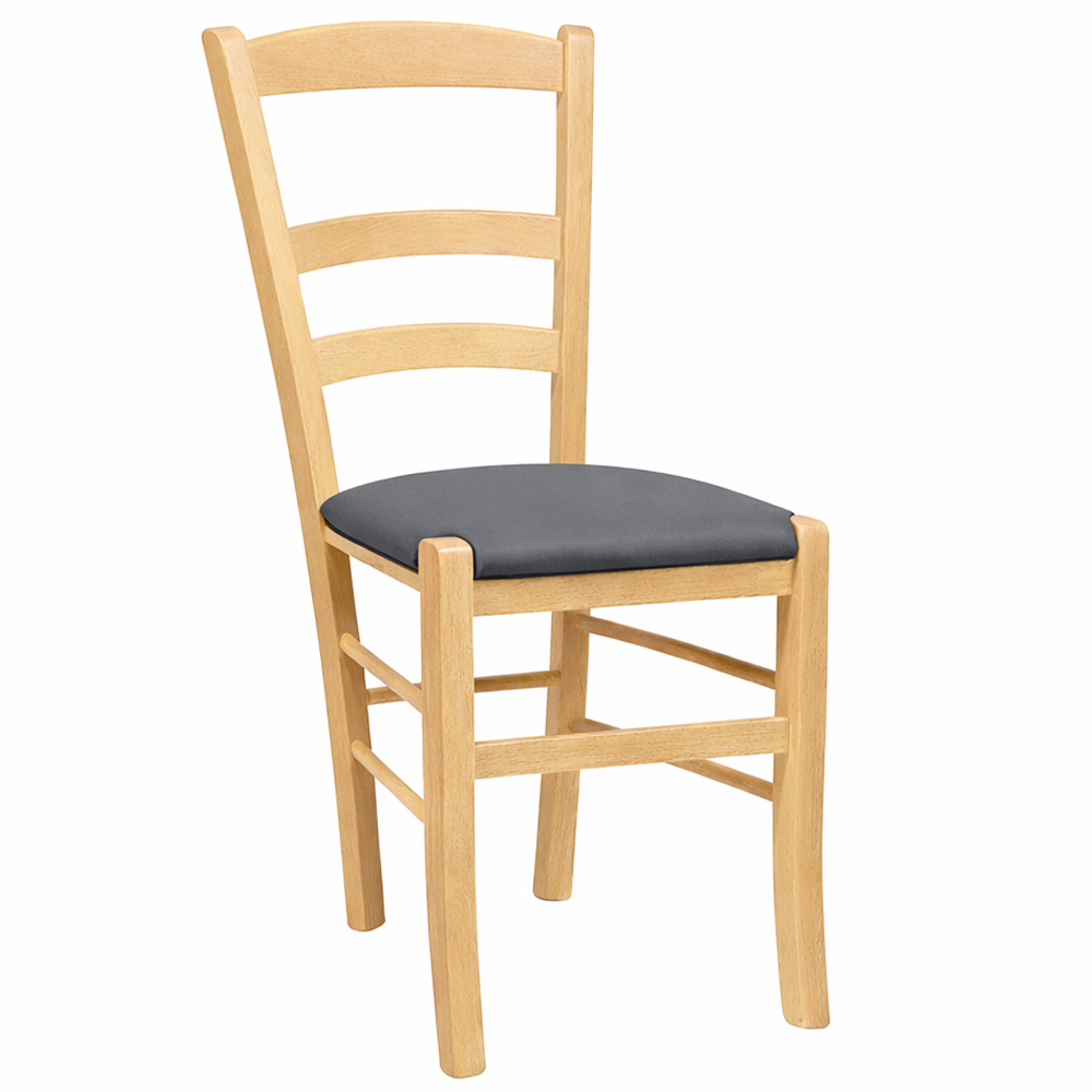 Sedie da sala da pranzo paesana in legno naturale con seduta imbottita antracite.